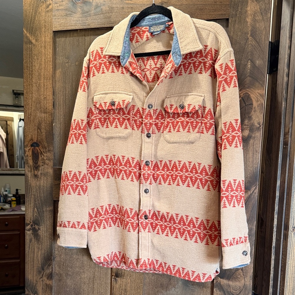Pendleton Beige Shirt Jacket with Red Geometric Stripe Pattern
